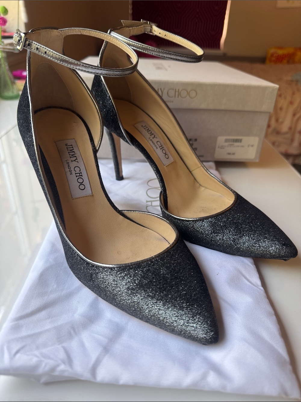 Jimmy Choo Lucy 85 ankle strap heels